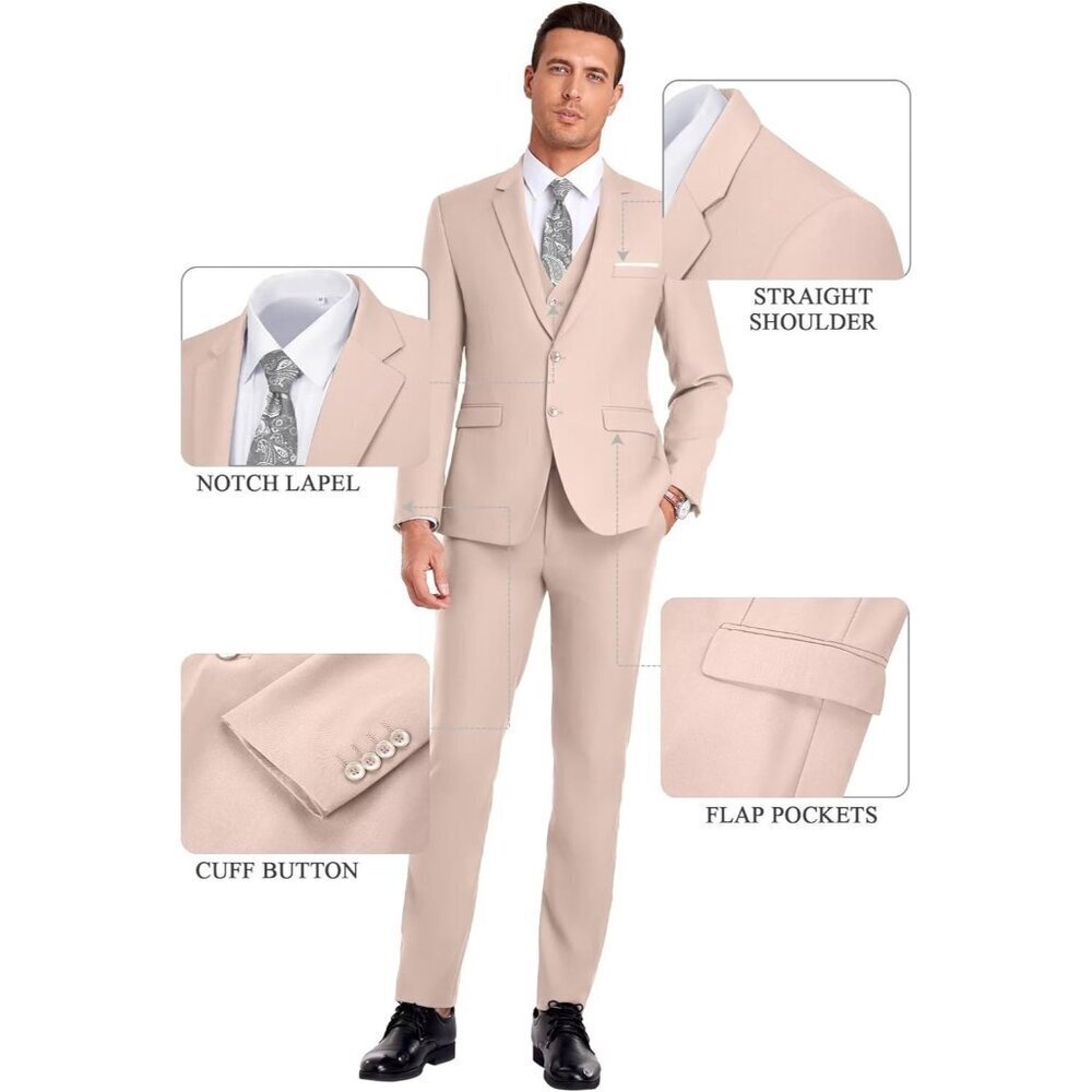 Men's Notched Lapel Flesh Pink Groomsmen Slim Fit 3 Pieces Suit for Wedding - Picture 4 of 5